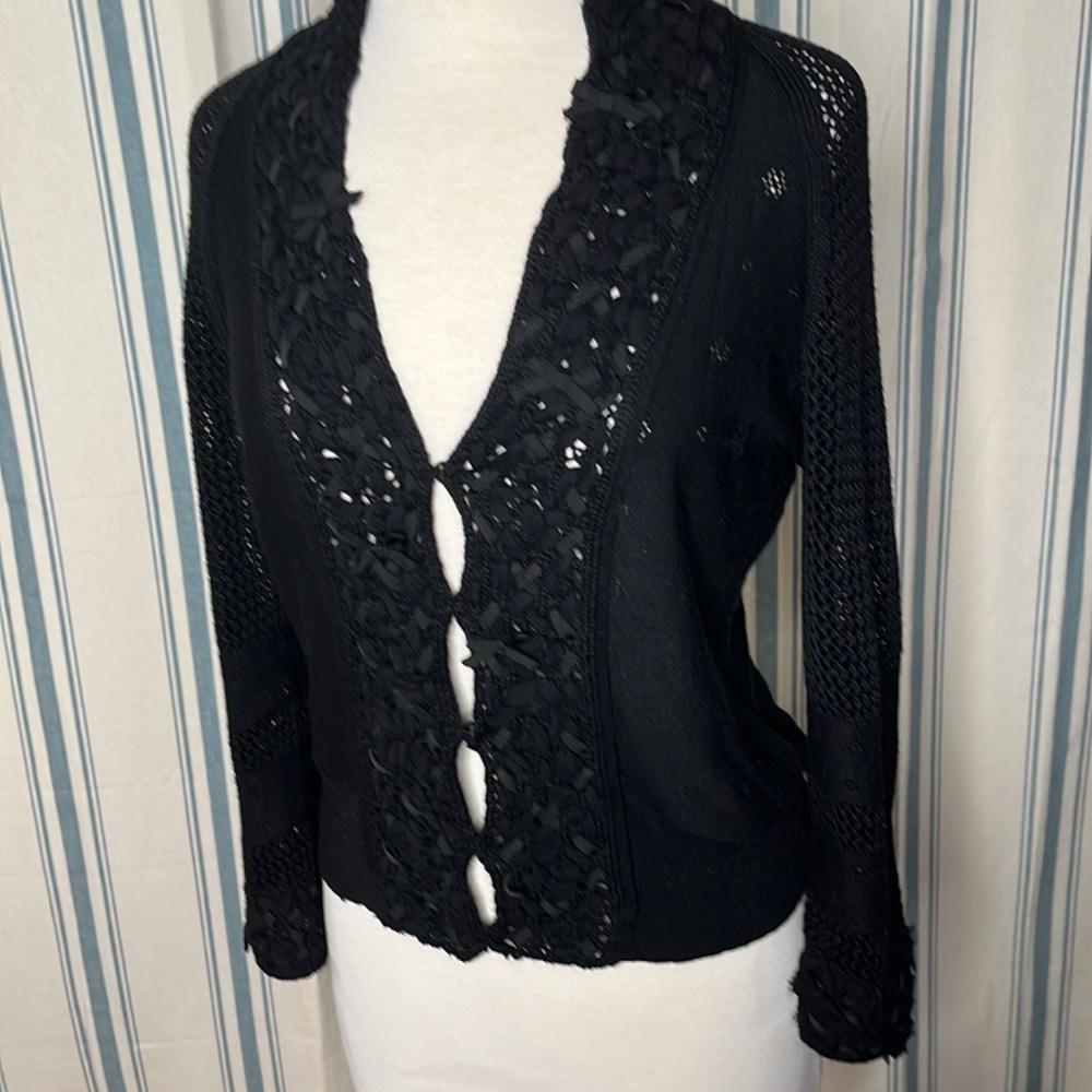 Elie tahari Merino Wool cardigan hook hoop closure ribbons and bows open weave